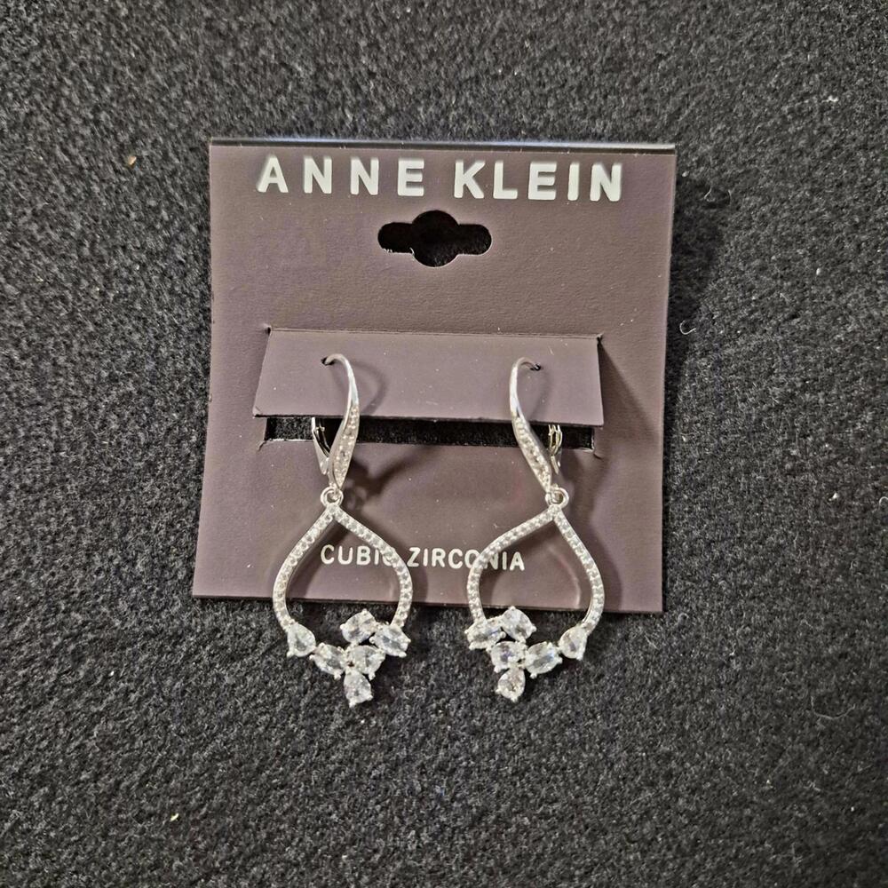 Anne Klein SilverTone Crystal Teardrop Cluster Drop Earrings - Picture 1 of 2